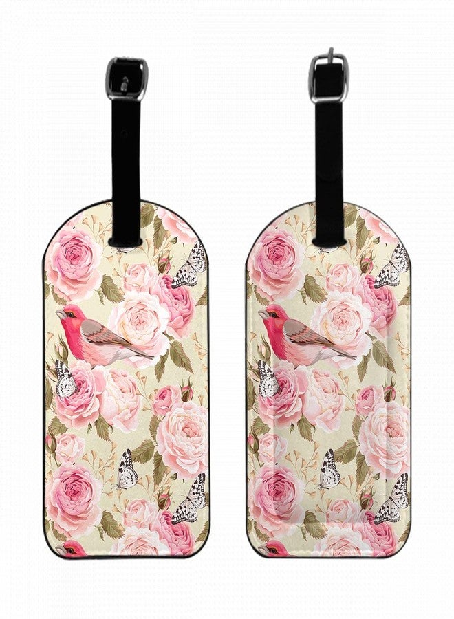 Zoczos English Roses and Birds Leather Luggage Tags Pink Floral Flower Butterflies Bubs Botanical Romance Business Card Holder Travel ID Bag Tag for Travel Luggage Baggage Identifier, 1 Pack - Image 1